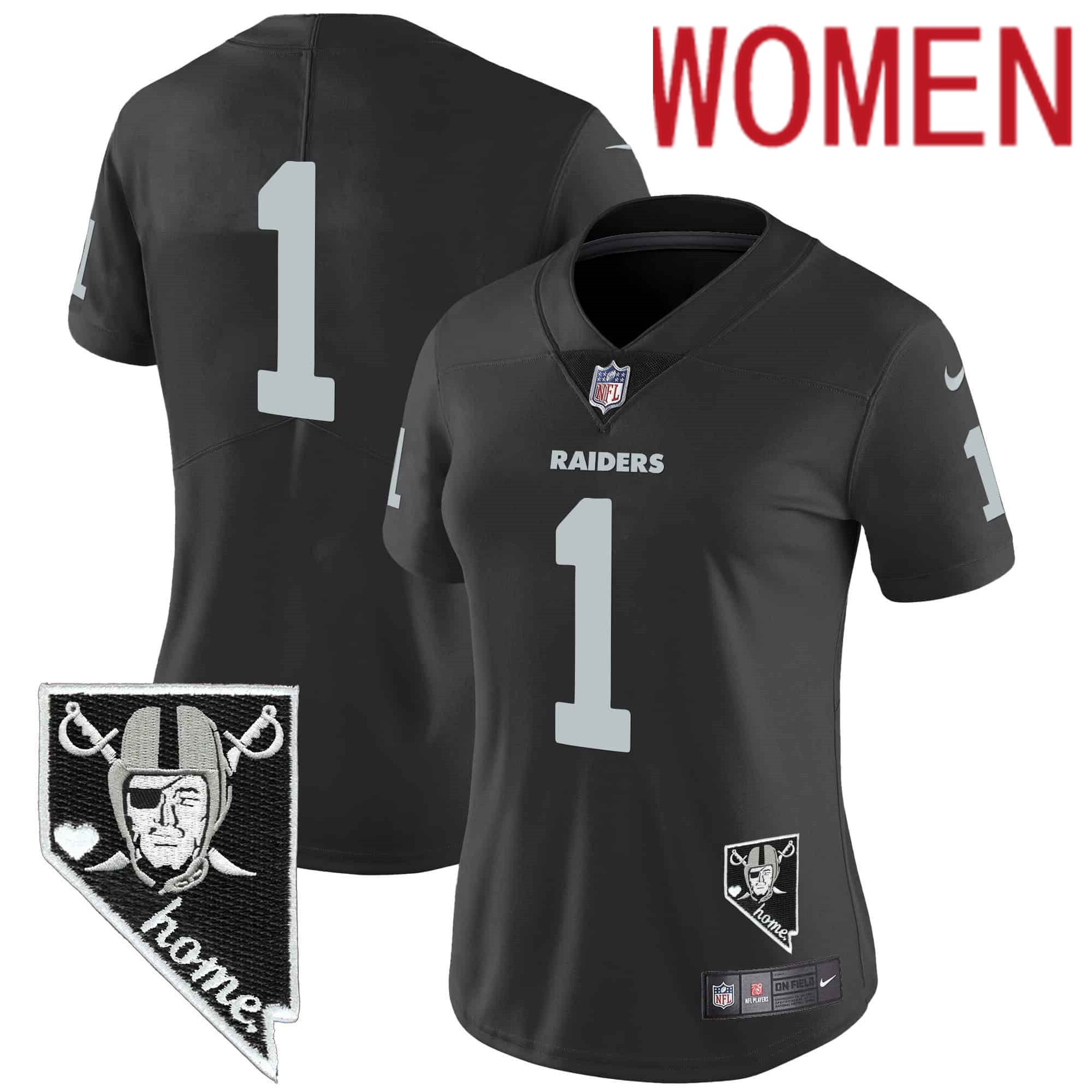 Women Oakland Raiders #1 No Name Black 2024 Nike Nevada Home Patch Vapor NFL Jersey style 1